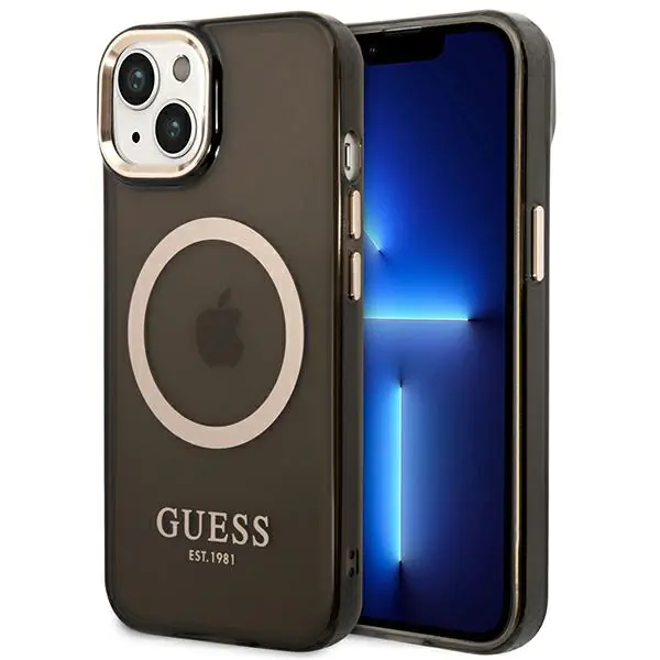 ⁨Guess GUHMP14SHTCMK iPhone 14 6,1" black/black hard case Gold Outline Translucent MagSafe⁩ at Wasserman.eu