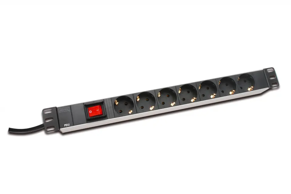 ⁨PDU Power Strip 19" RACK 7xSchuko, 2m 1xSchuko, 16A, on/off, aluminium⁩ at Wasserman.eu