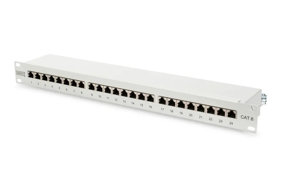 ⁨Patch panel 19" 24 porty, kat.6, S/FTP, 1U, wspornik kablowy, szary (kompletny)⁩ w sklepie Wasserman.eu