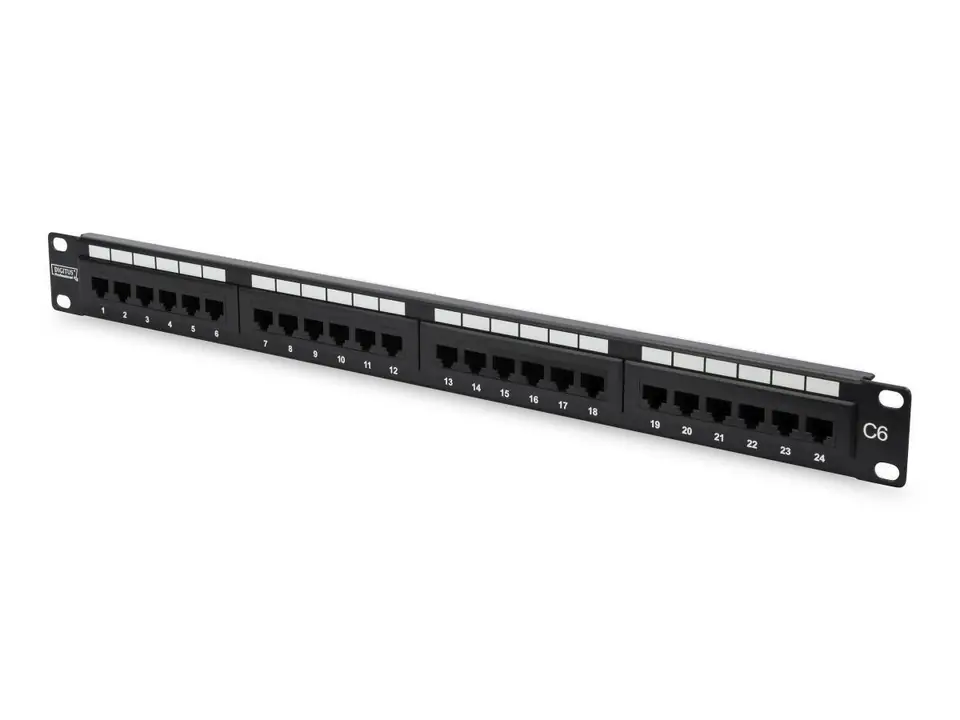 ⁨Patch panel 19" 24 porty, kat.6, U/UTP, 1U, wspornik kablowy, czarny (kompletny)⁩ at Wasserman.eu