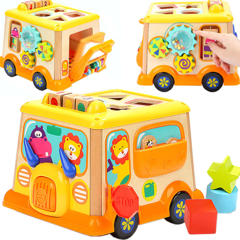 ⁨Drewniana Kostka Edukacyjna Sorter Klocki CYFRY autobus⁩ w sklepie Wasserman.eu