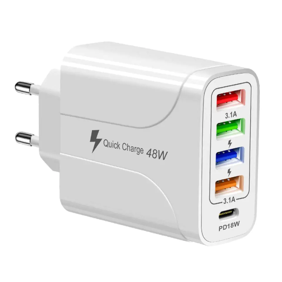 ⁨Ładowarka sieciowa 48W Fast Charger 4x USB 1x USB-C QC 3.0 Power Delivery PD 18W biała⁩ w sklepie Wasserman.eu