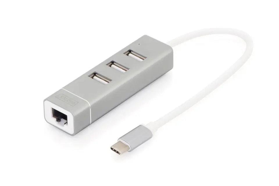 ⁨HUB/Koncentrator 3-portowy USB 2.0 HighSpeed z Typ C oraz Fast Ethernet LAN adapter, aluminium⁩ w sklepie Wasserman.eu