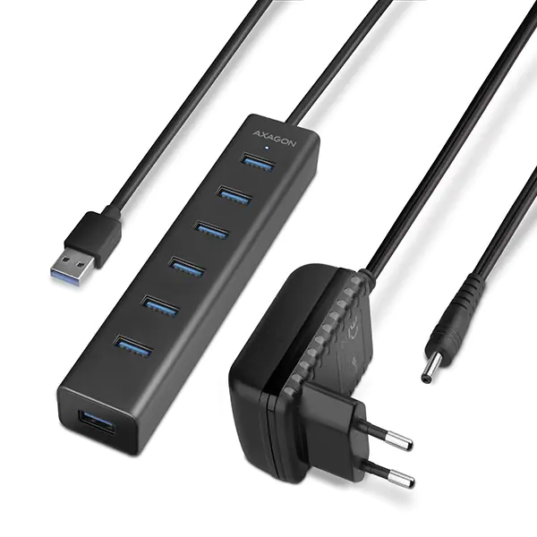 ⁨Charging Hub HUE-SA7BP 7x USB 3.2 Gen 1 ALU Incl. AC Adapter, Black⁩ at Wasserman.eu