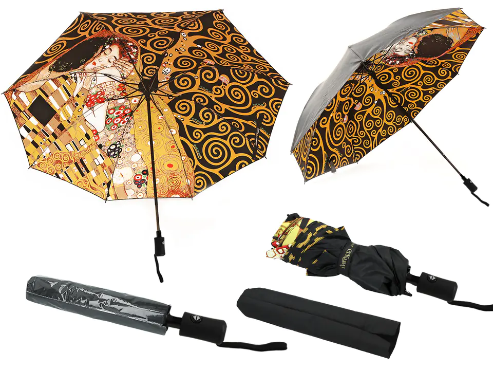 ⁨Automatic umbrella, folding - G. Klimt, Kiss and Tree of Life (decoration underneath) (CARMANI)⁩ at Wasserman.eu