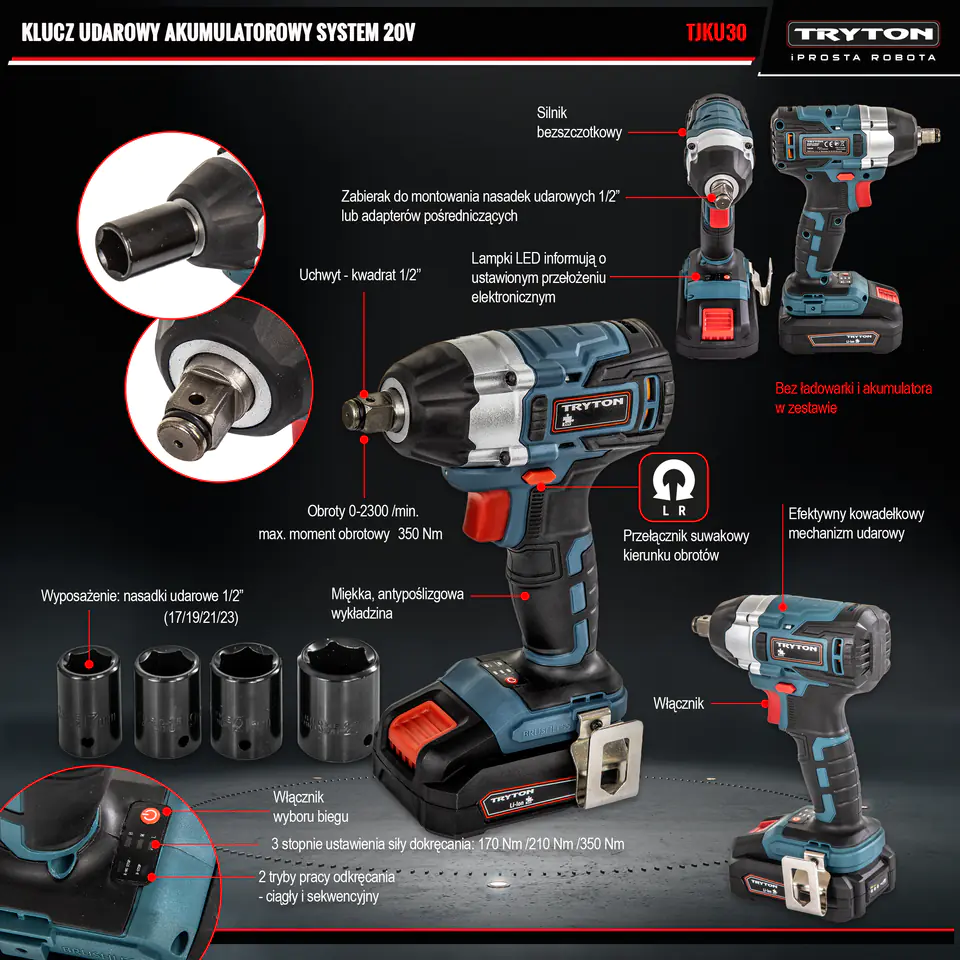 KLUCZ UDAROWY BEZSZCZOTK. 280NM, BEZ AKU/ŁAD. SYSTEM 20V w sklepie Wasserman.eu