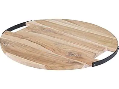 Teak round wooden cutting board 39cm with metal handles at Wasserman.eu