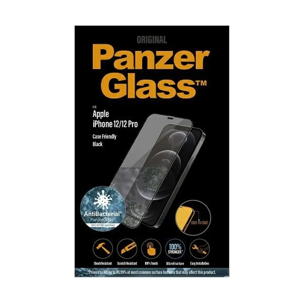 ⁨PanzerGlass E2E Super+ iPhone 12/12 Pro Case Friendly AntiBacterial MicroFracture czarny/black⁩ w sklepie Wasserman.eu