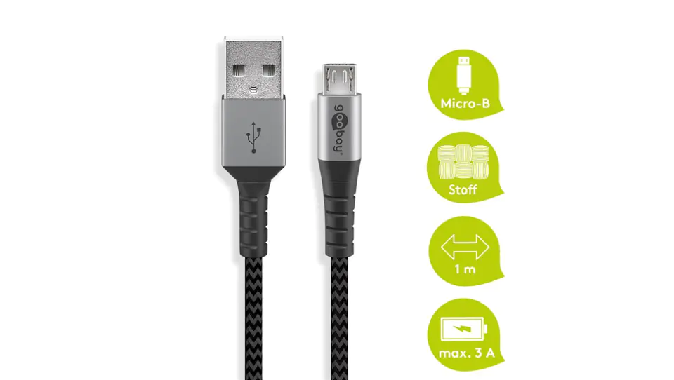 ⁨Micro USB to USB-A Textile Cable with Metal Plugs 1 m 49282⁩ at Wasserman.eu