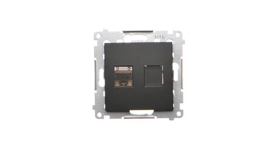⁨Simon 54 Gniazdo komputerowe pojedyncze RJ45 kategoria 6 ekranowane z przesłoną przeciwkurzową (moduł) czarny mat D61E.01/49⁩ w sklepie Wasserman.eu