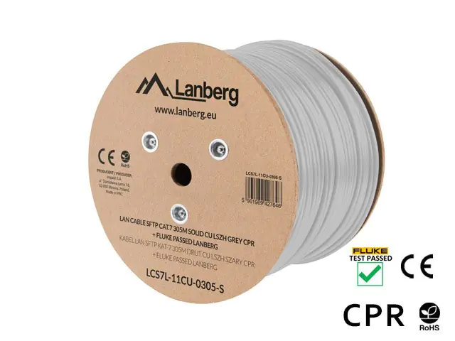 ⁨LANBERG KABEL SFTP KAT. 7 305M DRUT CU LSZH SZARY CPR+FLUKE PASSED⁩ w sklepie Wasserman.eu