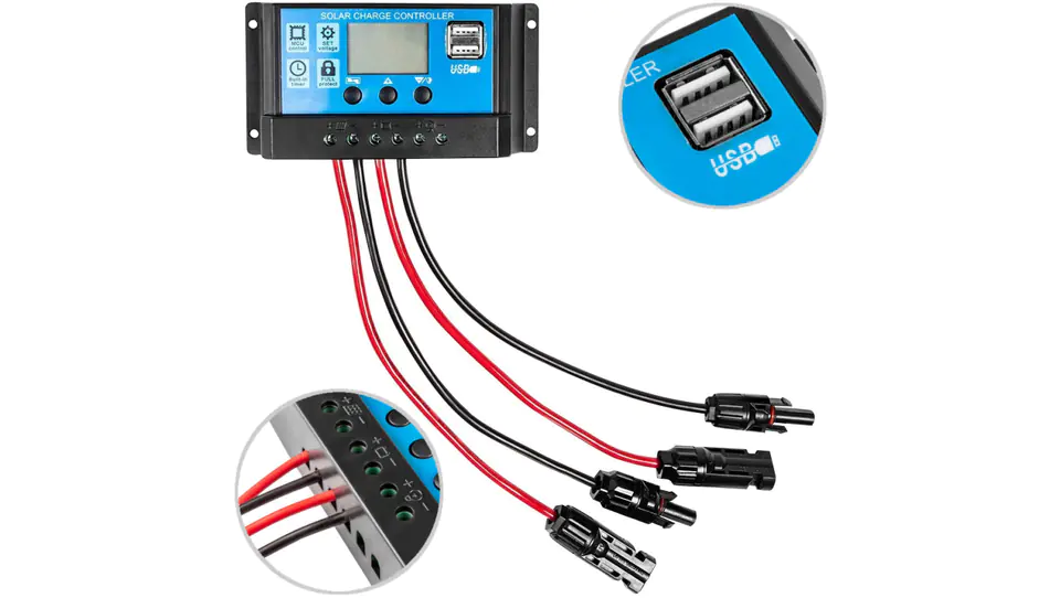 ⁨Regulator solarny Kontroler ładowania PWM 10A 12/24V LCD 2xUSB NEO 90-145⁩ w sklepie Wasserman.eu