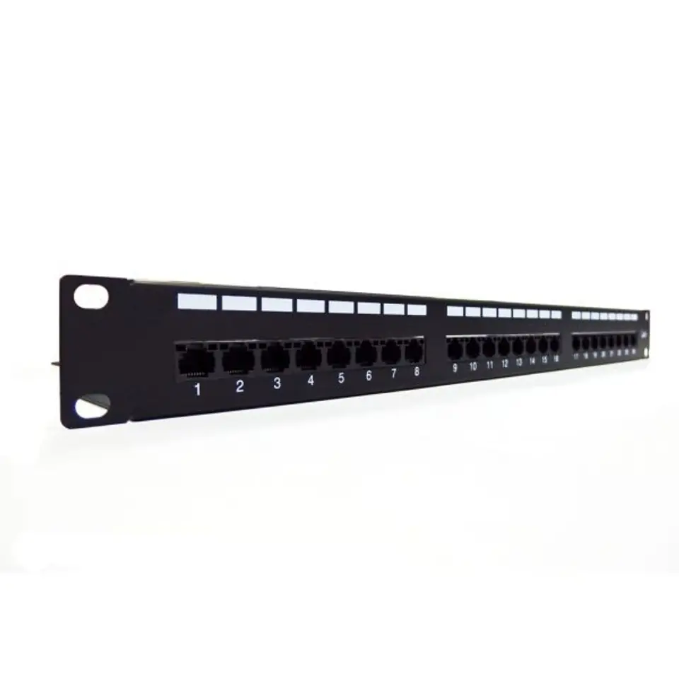 ⁨Patch panel 19" 24 porty, kat.6, S/FTP, 1U, wspornik kablowy, czarny (kompletny)⁩ w sklepie Wasserman.eu