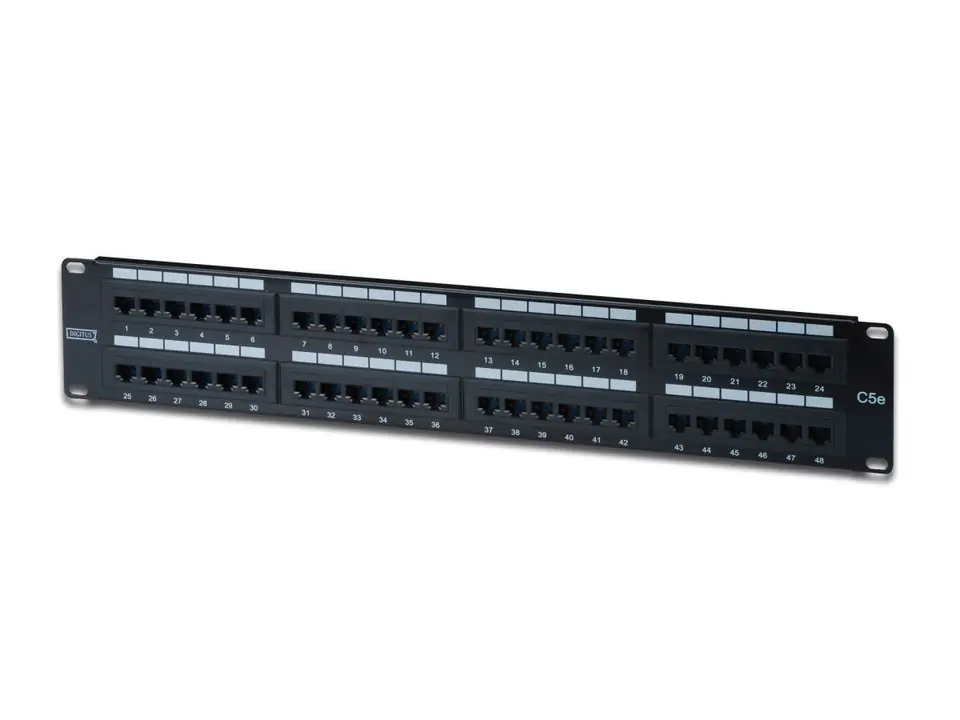 ⁨Patch panel 19" 48 portów, kat.5e, U/UTP, 1U, czarny (kompletny)⁩ w sklepie Wasserman.eu