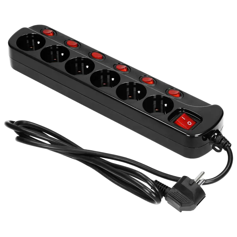 ⁨Power strip "Multiswitch", 6 sockets 2P+Z, cable 3x1,0mm?, length 1,5m. Thermal switch. 10A/230 VAC, black⁩ at Wasserman.eu