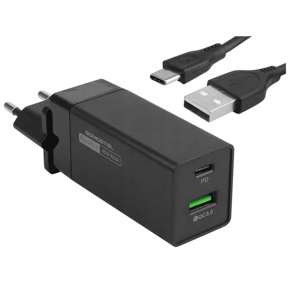 ⁨Ładowarka sieciowa szybka 40W + Kabel USB do USB-C Power Delivery PD QC 3.0 Czarna⁩ w sklepie Wasserman.eu