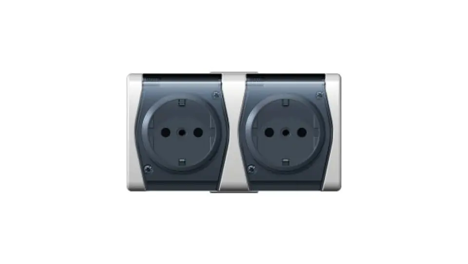 ⁨Hermes2 Hermetic double socket with 16A SCHUKO IP44 with flap white-smoke 1025-01⁩ at Wasserman.eu
