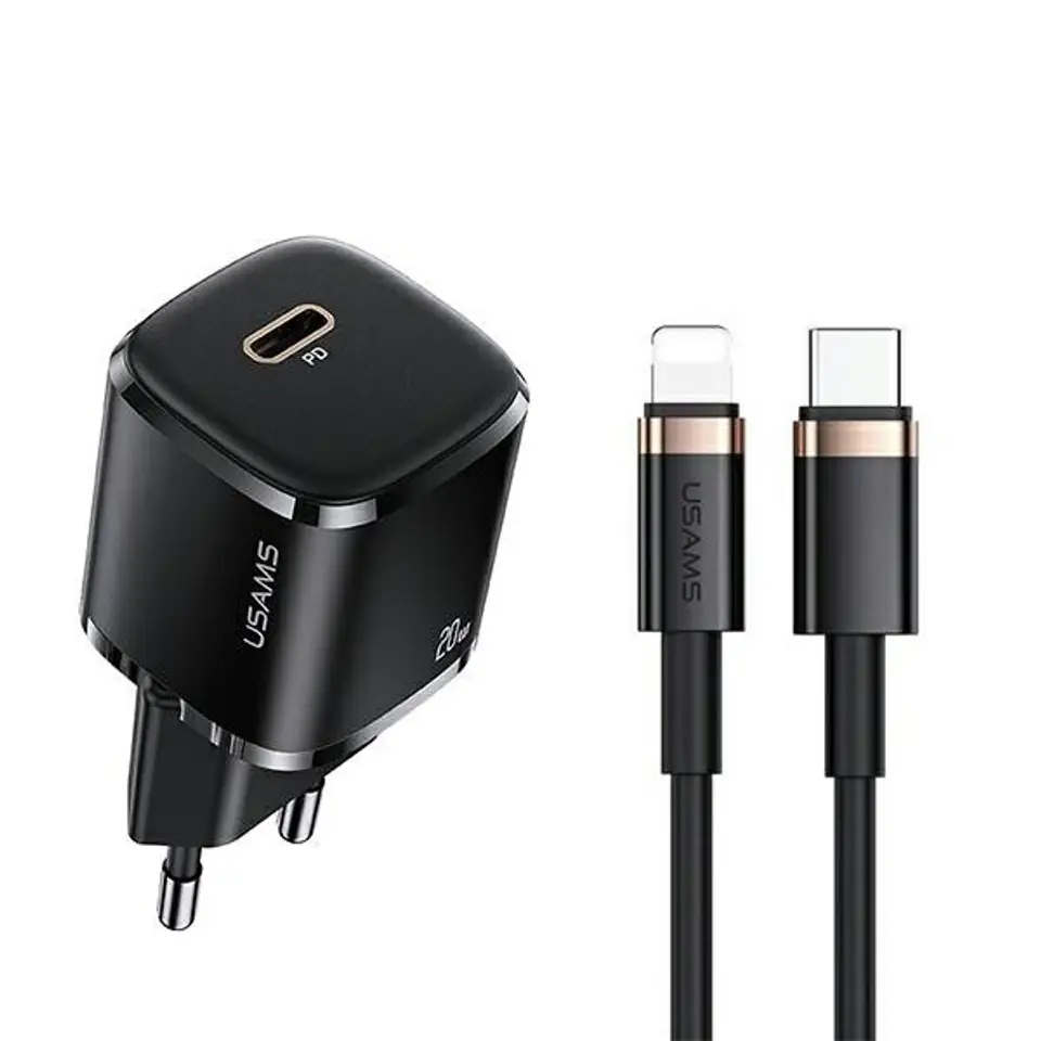 ⁨USAMS Ład. siec. 1xUSB-C T36 mini 20W + kabel USB-C-Lightning czarny/black PD3.0 Fast Charging XFKXLOGTL01 (US-CC124+US-SJ484)⁩ w sklepie Wasserman.eu