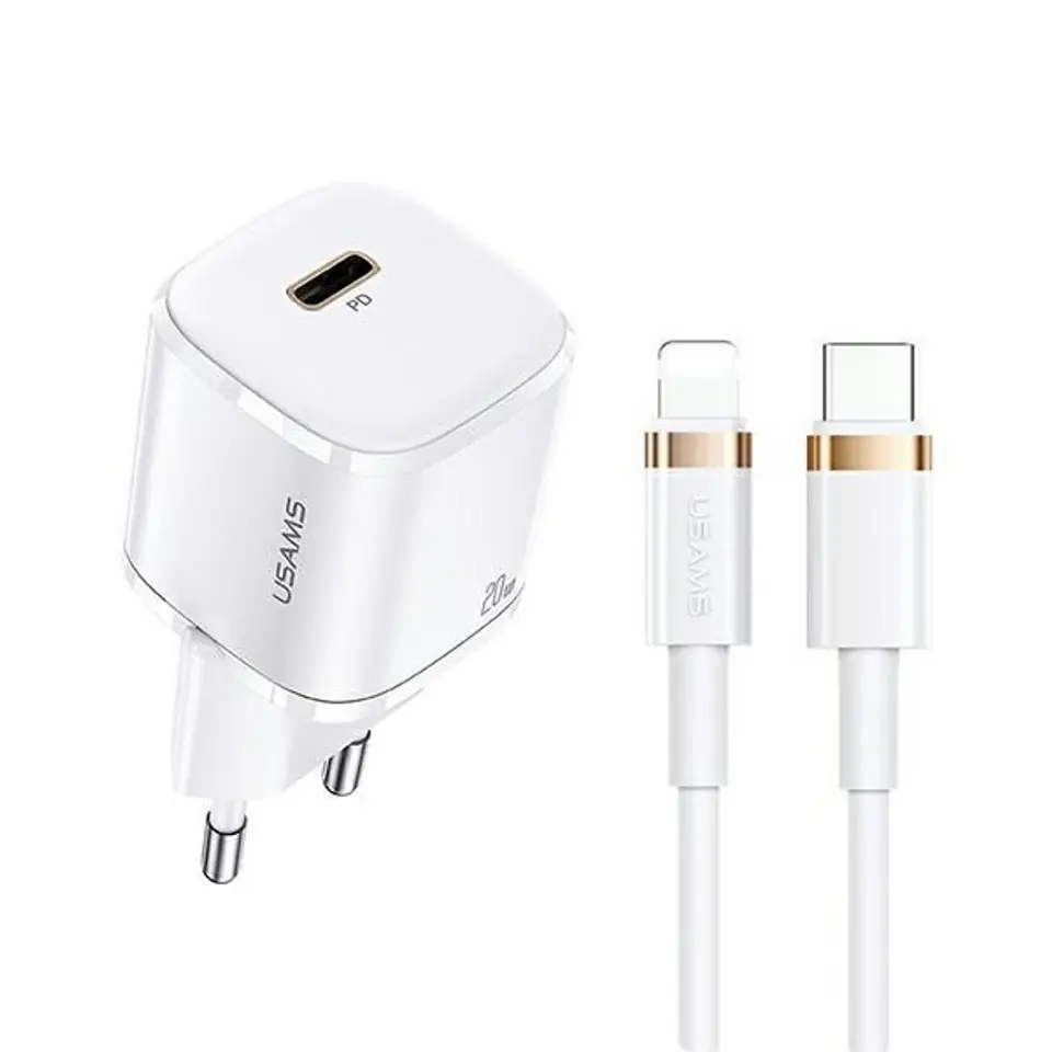 ⁨USAMS Order. mow. 1xUSB-C T36 mini 20W + USB-C-Lightning cable white/white PD3.0 Fast Charging XFKXLOGTL02 (US-CC124+US-SJ484)⁩ at Wasserman.eu