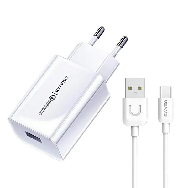 ⁨USAMS Order. mow. 1xUSB T22 18W 3A QC3.0 + USB-C cable 1m white/white (T48) T48OCLN01⁩ at Wasserman.eu