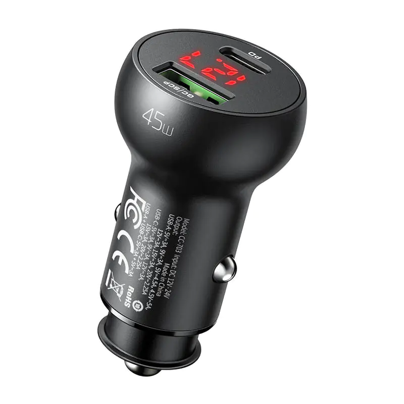 ⁨Car charger Mcdodo CC-7030, USB + USB-C, with display, 45W (black)⁩ at Wasserman.eu