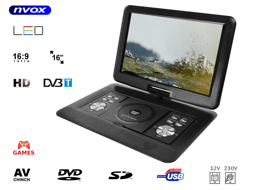 ⁨Przenośny odtwarzacz DVD z tunerem telewizyjnym LCD 16" cali DVB-T MPEG-4/2 DVD USB SD GRY 12V 230V⁩ w sklepie Wasserman.eu