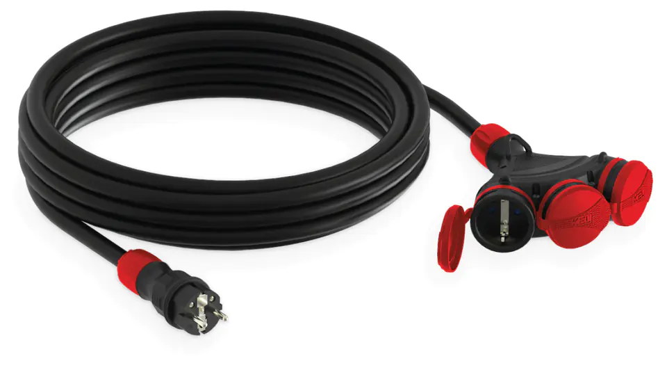 ⁨Extension cable building 3-socket with/u 25m /H05RR-F 3x1,5/ IP54 black/red W-01176⁩ at Wasserman.eu