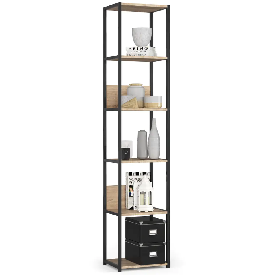Regał loftowy metalowy 40 cm - czarny-dąb sonoma - 6 półek w sklepie Wasserman.eu