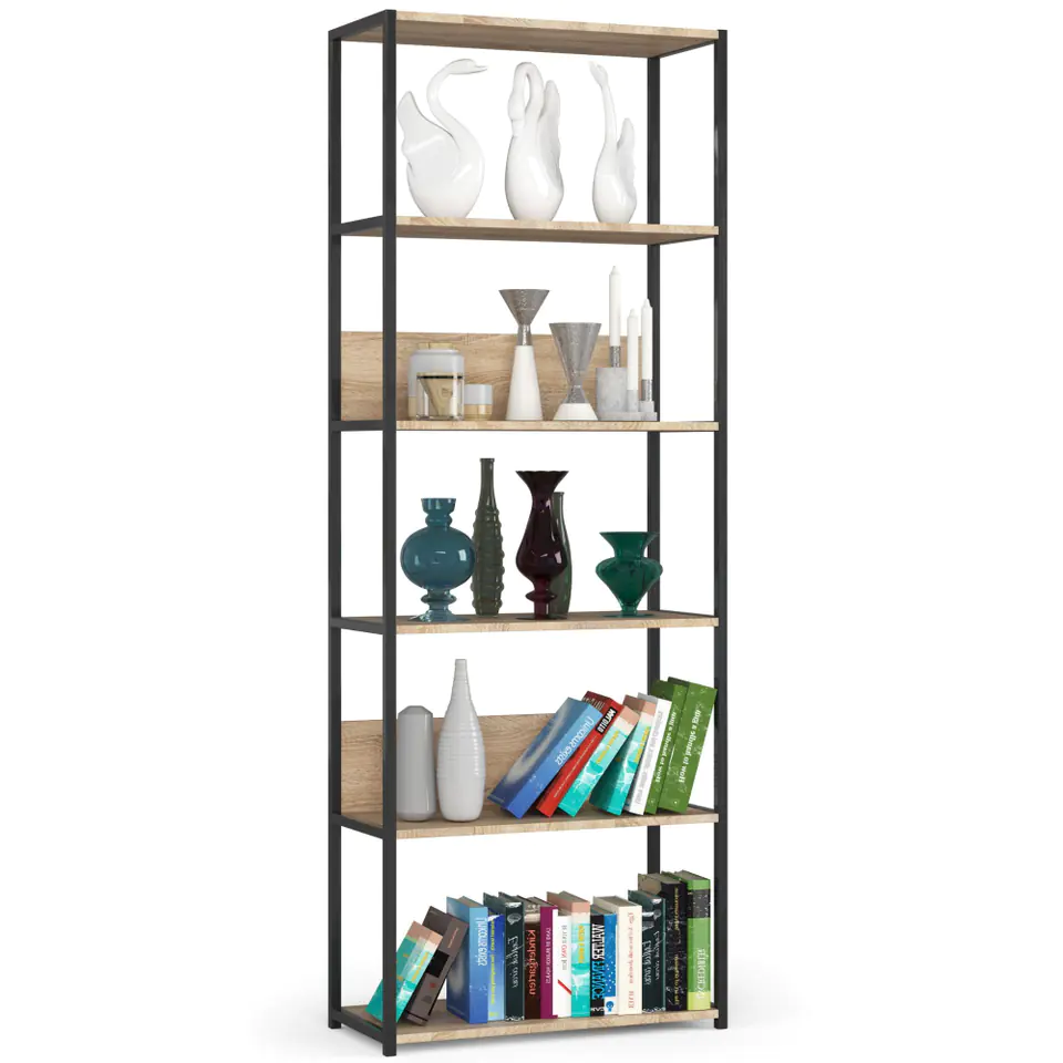 Regał loftowy metalowy 70 cm - czarny-dąb sonoma - 6 półek w sklepie Wasserman.eu