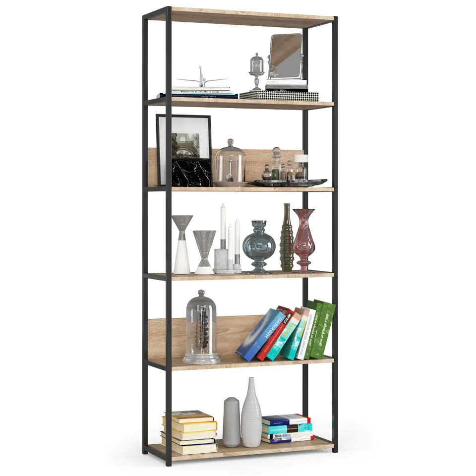 Regał loftowy metalowy 80 cm - czarny-dąb sonoma - 6 półek w sklepie Wasserman.eu