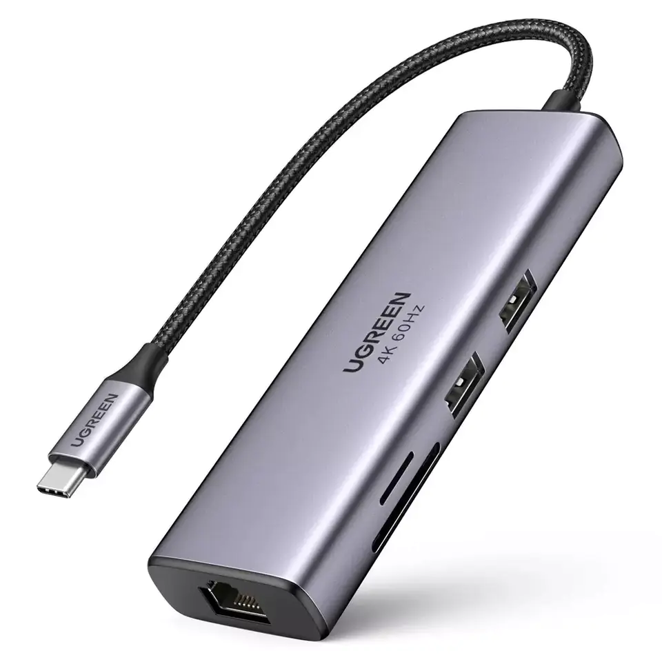 ⁨6in1 Adapter UGREEN CM512 USB-C to 2x USB + HDMI + USB-C + RJ45 + TF/SD (grey)⁩ at Wasserman.eu