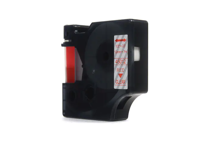 ⁨JetWorld Tape Compatible Dymo D1 Red on Transparent 12mm x 7m LM100, LM100+, LM200, LM300, LM400, LM420P, LM350, LM350D, LM360D, LM450D, LM260P, LM120P, LM500TS, LM160, LM210D, LM280, LM150, LM220 (45012) (S0720520)⁩ at Wasserman.eu