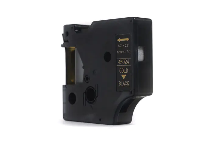 ⁨JetWorld Tape Compatible Dymo D1 Gold on Black 12mm x 7m LM100, LM100+, LM200, LM300, LM400, LM420P, LM350, LM350D, LM360D, LM450D, LM260P, LM120P, LM500TS, LM160, LM210D, LM280, LM150, LM220 (45024) (S0720640)⁩ at Wasserman.eu