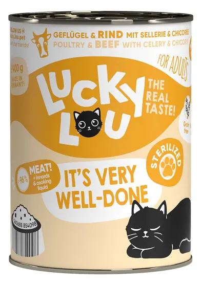⁨Lucky Lou Lifestage Sterilized Drób i wołowina puszka 400g⁩ w sklepie Wasserman.eu