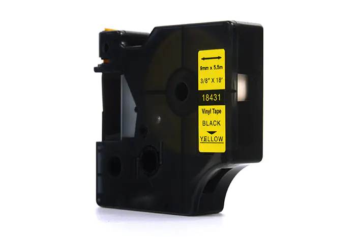 ⁨JetWorld Tape Replacement Dymo Rhino Black on Yellow 9mm x 5.5m Vinyl, Vinyl (18431)⁩ at Wasserman.eu
