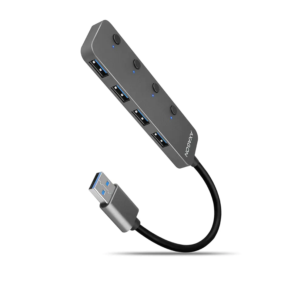 ⁨4-port hub HUE-MSA USB 3.2 Gen 1 switch, metal, 20cm USB-A cable, microUSB additional power supply⁩ at Wasserman.eu