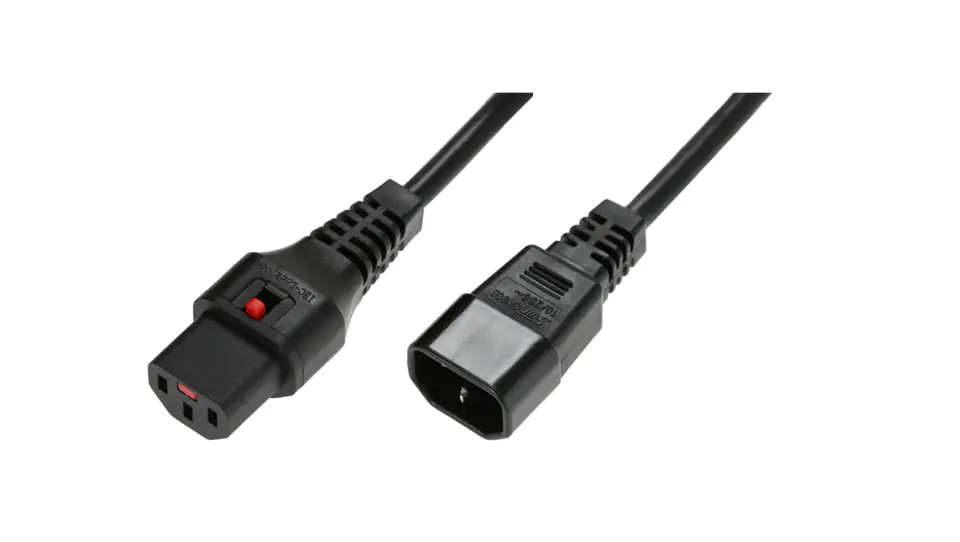 ⁨Kabel przedłużający zasilający z blokadą IEC LOCK 3x1mm2 C14/C13 prosty M/Ż 1m czarny IEC-PC1024⁩ w sklepie Wasserman.eu