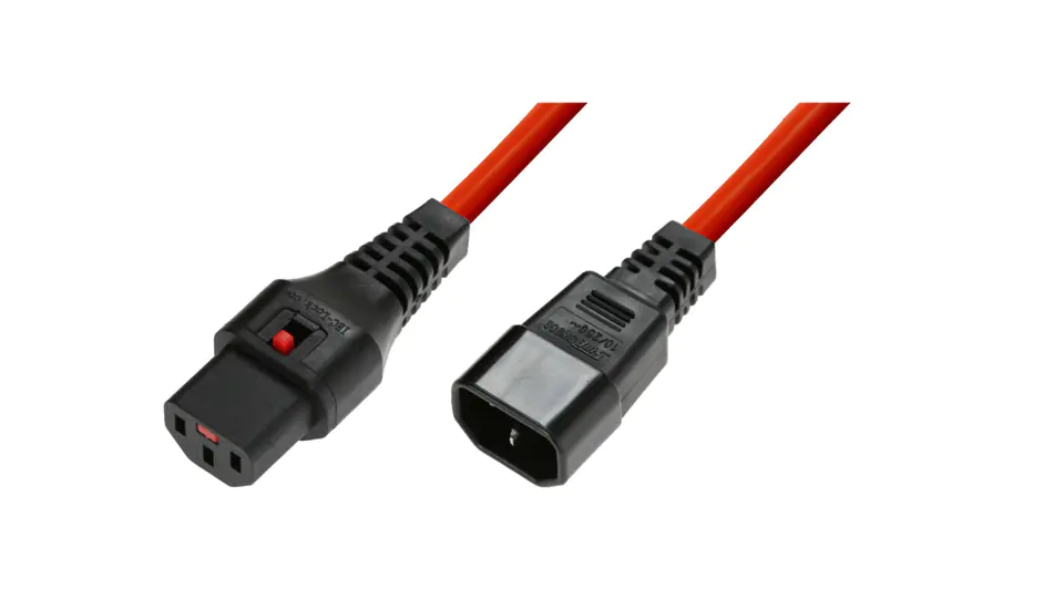 ⁨Kabel przedłużający zasilający z blokadą IEC LOCK 3x1mm2 C14/C13 prosty M/Ż 3m czerwony IEC-PC1387⁩ w sklepie Wasserman.eu