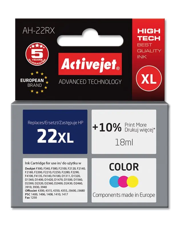 ⁨Activejet AH-22RX Tusz (zamiennik HP 22XL C9352A; Premium; 18 ml; kolor)⁩ w sklepie Wasserman.eu