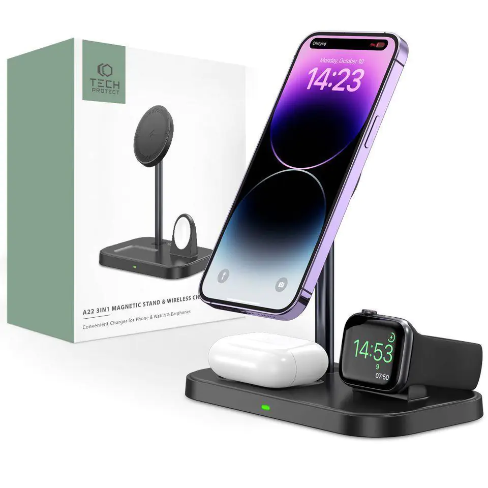 ⁨Magnetyczna Ładowarka Bezprzewodowa 3w1 15W dla Smartfonów z MagSafe, AirPods, Apple Watch Tech-Protect QI15W A22 czarna⁩ w sklepie Wasserman.eu