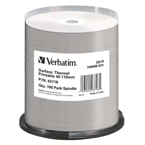 ⁨Verbatim CD-R, 43718, Thermal Printable - No ID Brand, 100-pack, 700MB, 52x, 80min., 12cm, spindle, do archiwizacji danych⁩ w sklepie Wasserman.eu