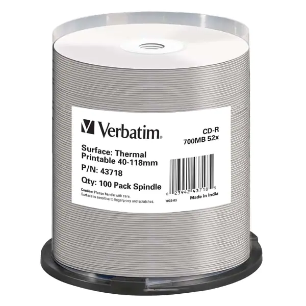 ⁨Verbatim CD-R, 43718, Thermal Printable - No ID Brand, 100-pack, 700MB, 52x, 80min., 12cm, spindle, archiving⁩ at Wasserman.eu