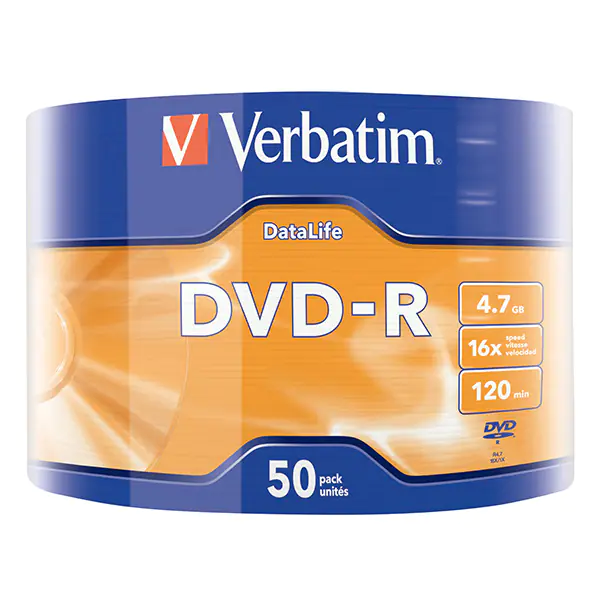 ⁨Verbatim DVD-R, Matt Silver, 43791, 4.7GB, 16x, wrap, 50-pack, non-printable, 12cm, archiving⁩ at Wasserman.eu
