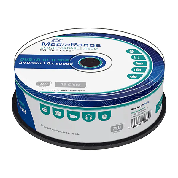 ⁨Mediarange DVD+R, MR469, 8.5GB, 8x, cake box, 25-pack, bez możliwości nadruku, 12cm, Double Layer, do archiwizacji danych⁩ w sklepie Wasserman.eu