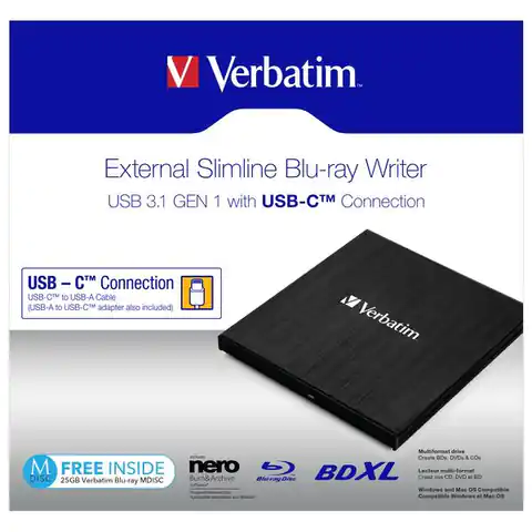 ⁨Verbatim externí Blu-Ray mechanika, 43889, USB 3.1, USB-C, 25GB MDISC GRATIS⁩ w sklepie Wasserman.eu