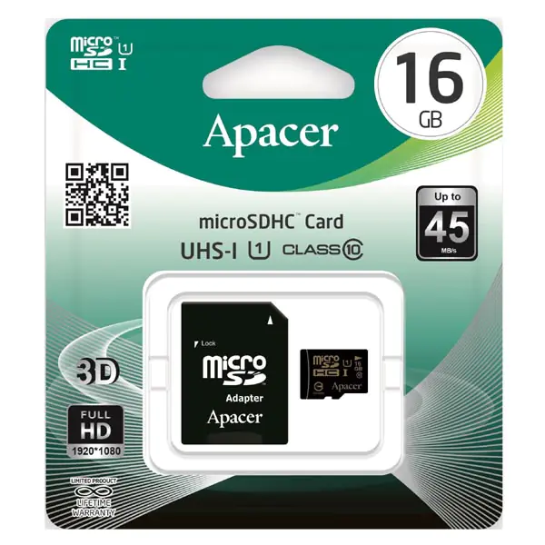 ⁨Apacer Secure Digital Card U1, 16GB, micro SDHC, AP16GMCSH10U1-R, UHS-I U1 (Klasse 10), mit Adapter⁩ im Wasserman.eu