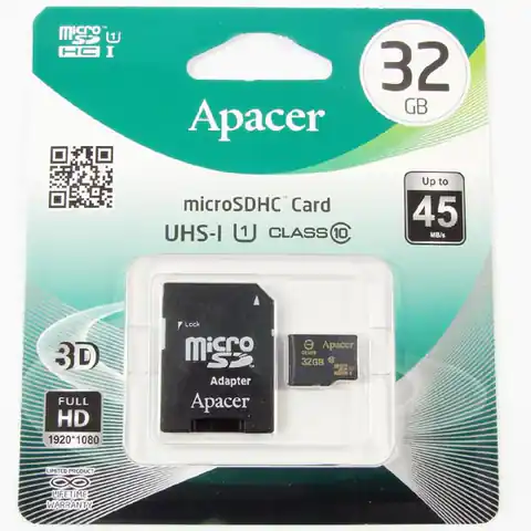 ⁨Apacer Karta pamięci Secure Digital Card U1, 32GB, micro SDHC, AP32GMCSH10U1-R, UHS-I U1 (Class 10), z adapterm⁩ w sklepie Wasserman.eu