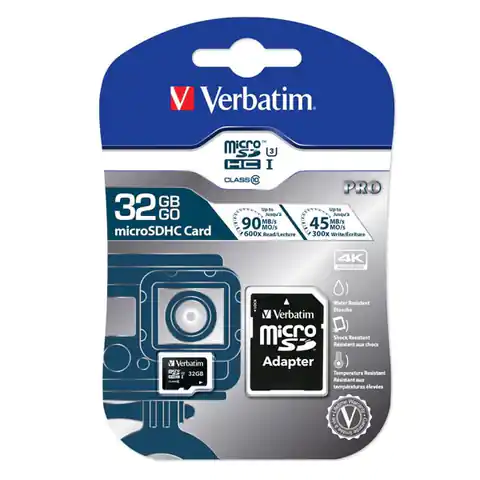 ⁨Verbatim Karta pamięci Micro Secure Digital Card Pro U3, 32GB, micro SDHC, 47041, UHS-I U3 (Class 10), V30, z adapterm⁩ w sklepie Wasserman.eu