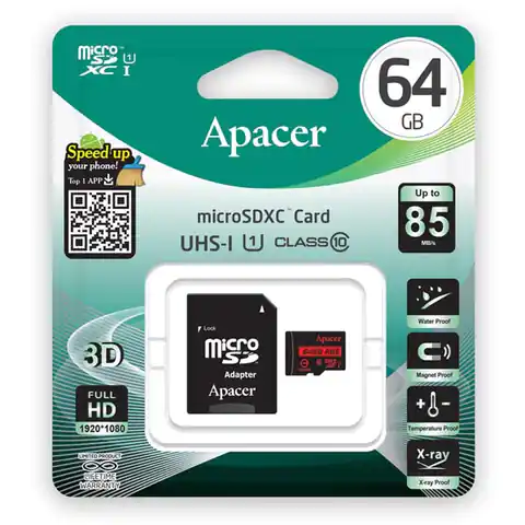 ⁨Apacer Secure Digital Card V10, 64GB, micro SDXC, AP64GMCSX10U5-R, UHS-I U1 (Klasse 10), mit Adapter⁩ im Wasserman.eu
