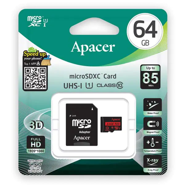 ⁨Apacer Secure Digital Card V10, 64GB, micro SDXC, AP64GMCSX10U5-R, UHS-I U1 (Class 10), with adapter⁩ at Wasserman.eu